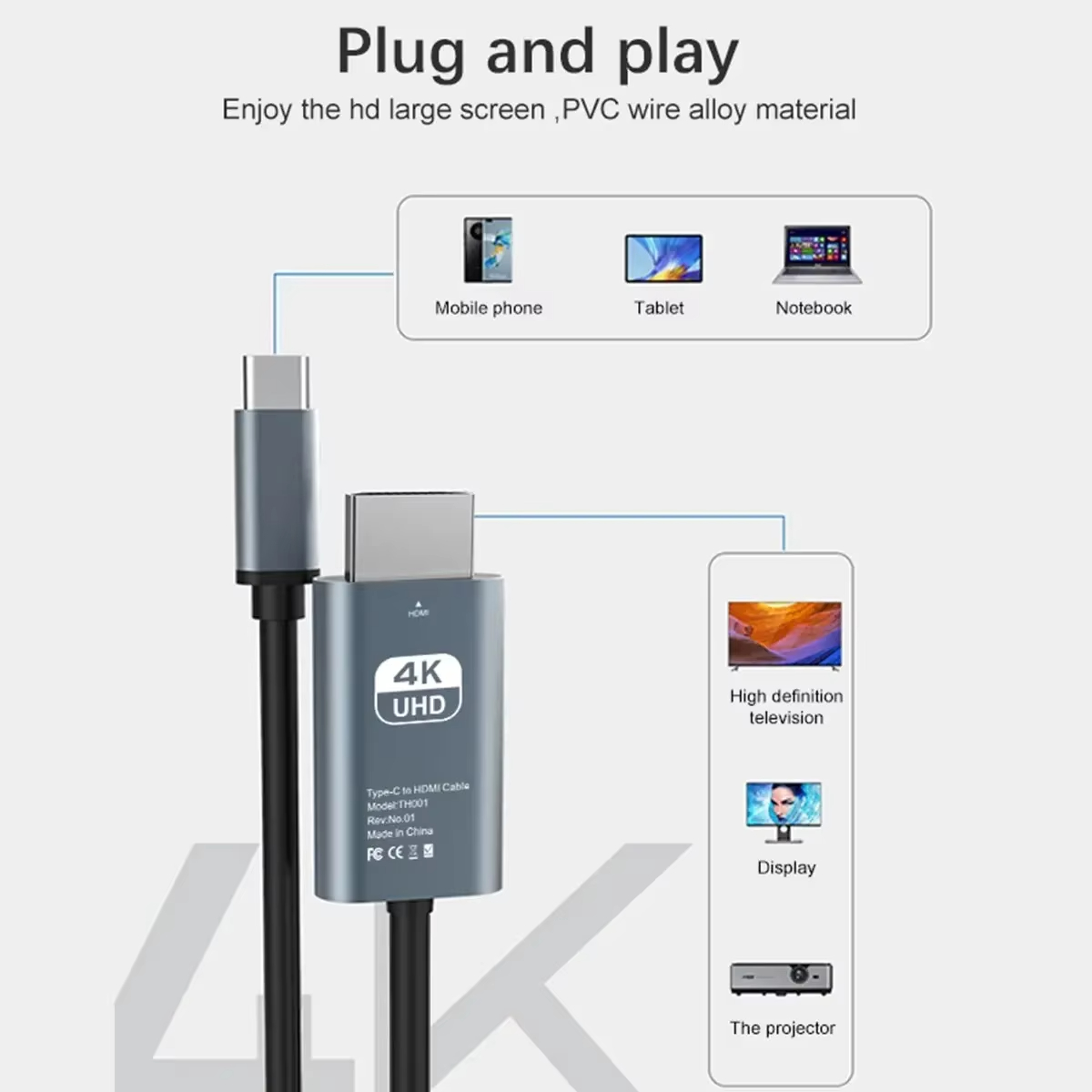 Home Cinema Projector Screen - Cable USB-C a HDMI 4K de